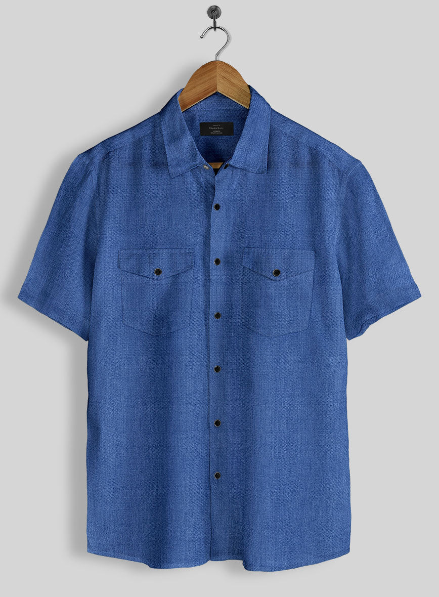 European Sapphire Blue Linen Western Style Shirt - StudioSuits