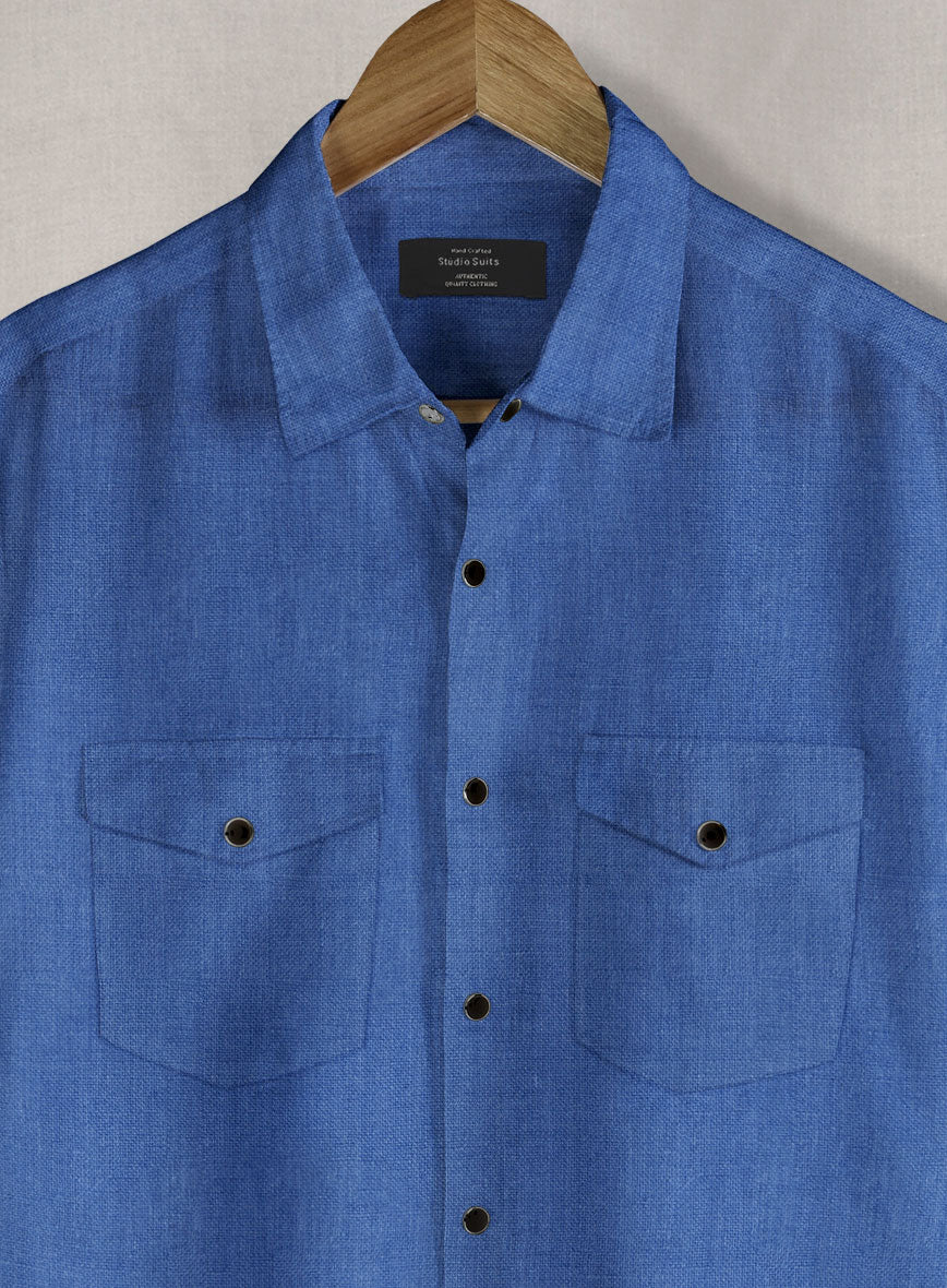 European Sapphire Blue Linen Western Style Shirt - StudioSuits