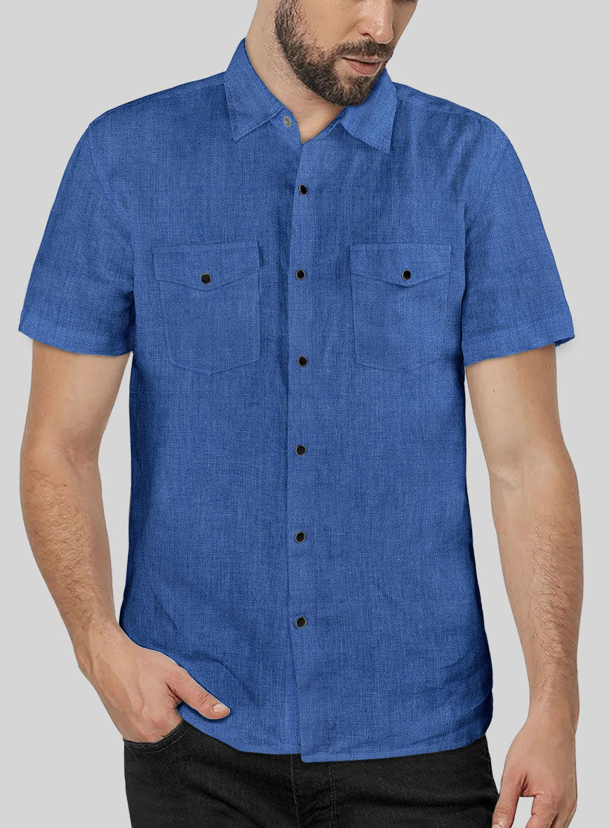 European Sapphire Blue Linen Western Style Shirt - StudioSuits