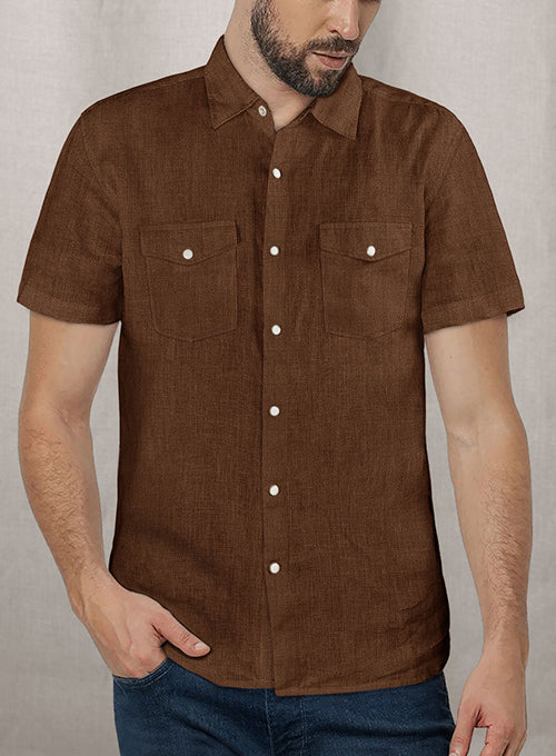 European Oak Brown Linen Western Style Shirt - StudioSuits