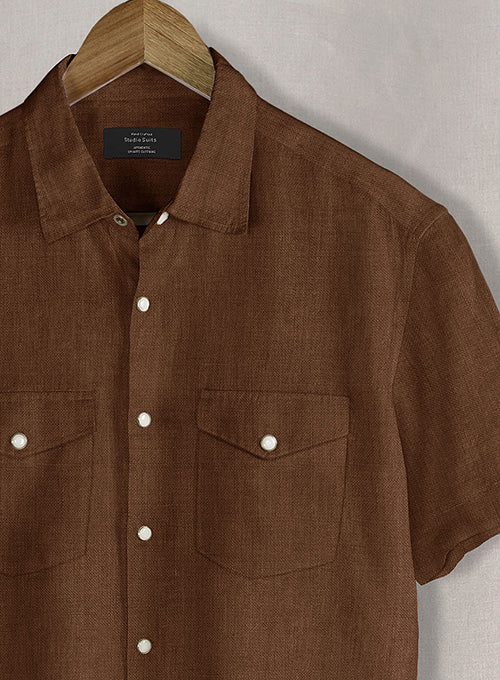 European Oak Brown Linen Western Style Shirt - StudioSuits