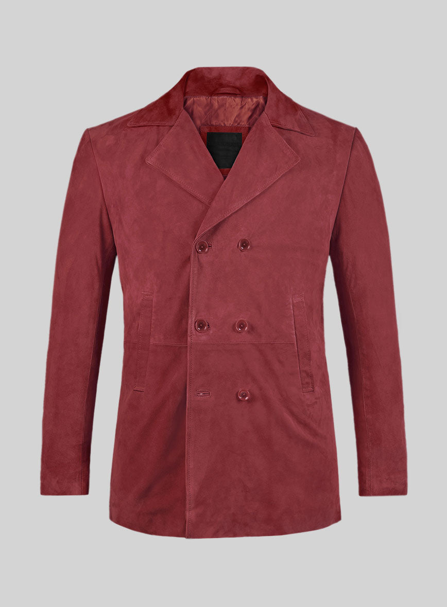 French Red Suede Leather Pea Coat - StudioSuits