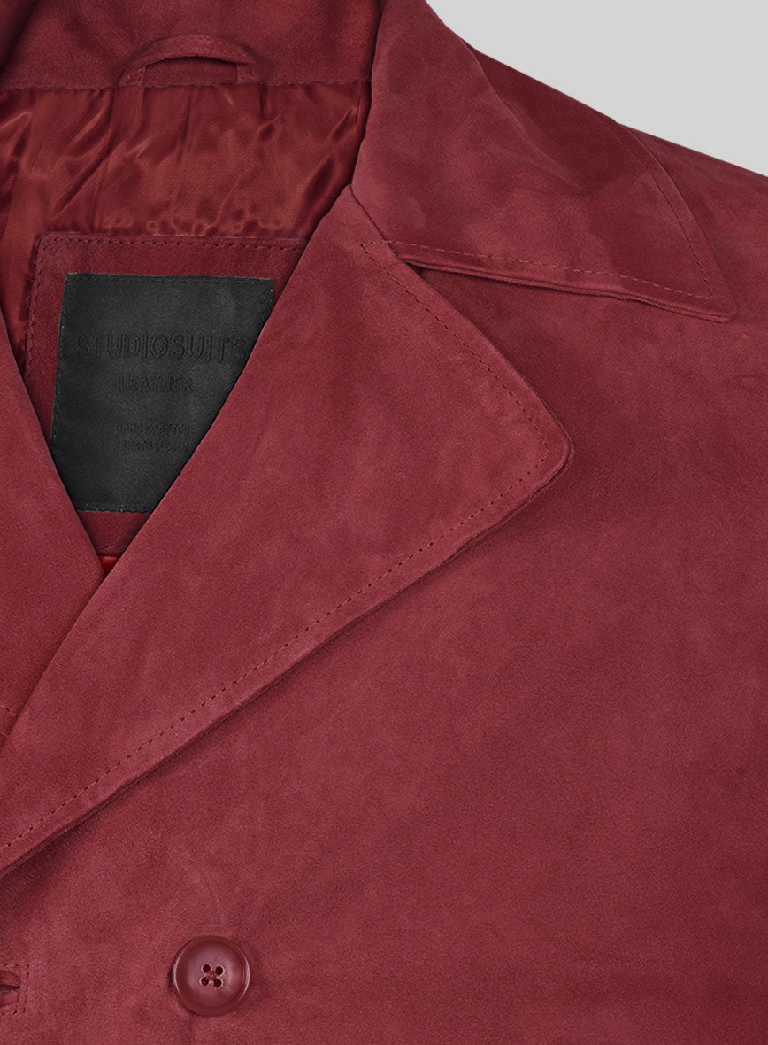 French Red Suede Leather Pea Coat - StudioSuits