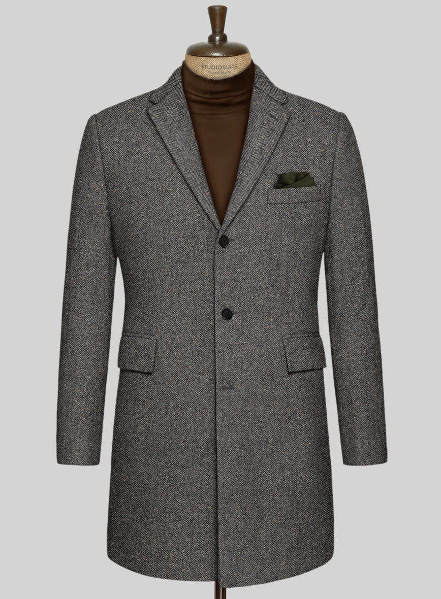 Gray Herringbone Flecks Donegal Tweed Overcoat - StudioSuits