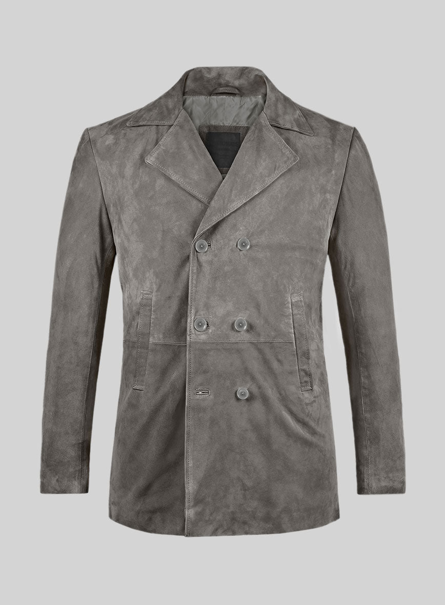 Gray Suede Leather Pea Coat - StudioSuits