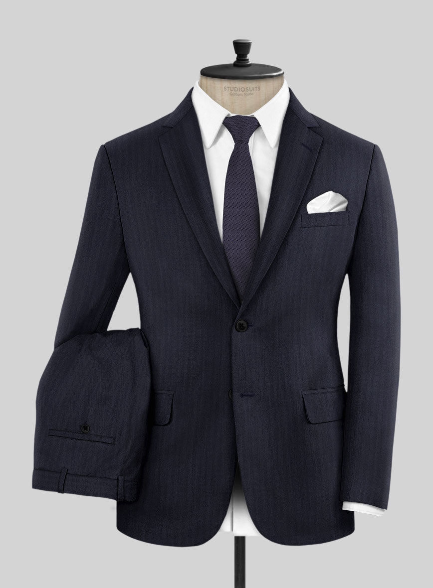 Hardy Minnis Navy Blue Herringbone Wool Suit - StudioSuits