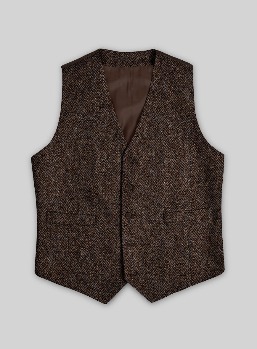 Harris Tweed Dark Brown Herringbone Waist Coat - StudioSuits