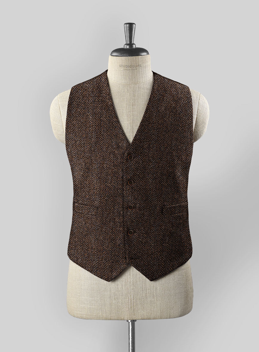 Harris Tweed Dark Brown Herringbone Waist Coat - StudioSuits