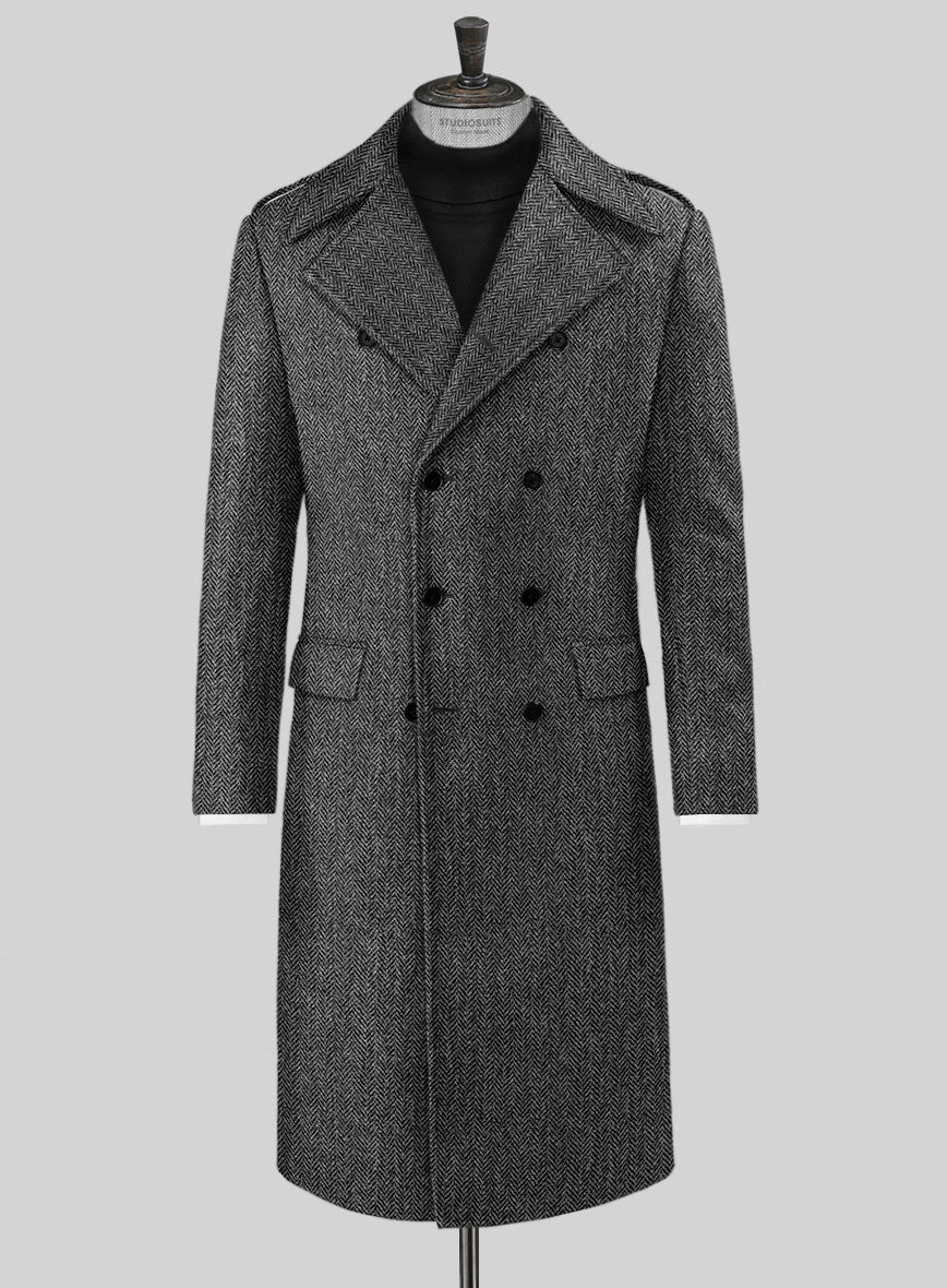 Harris Tweed Dark Gray Herringbone GQ Overcoat - StudioSuits