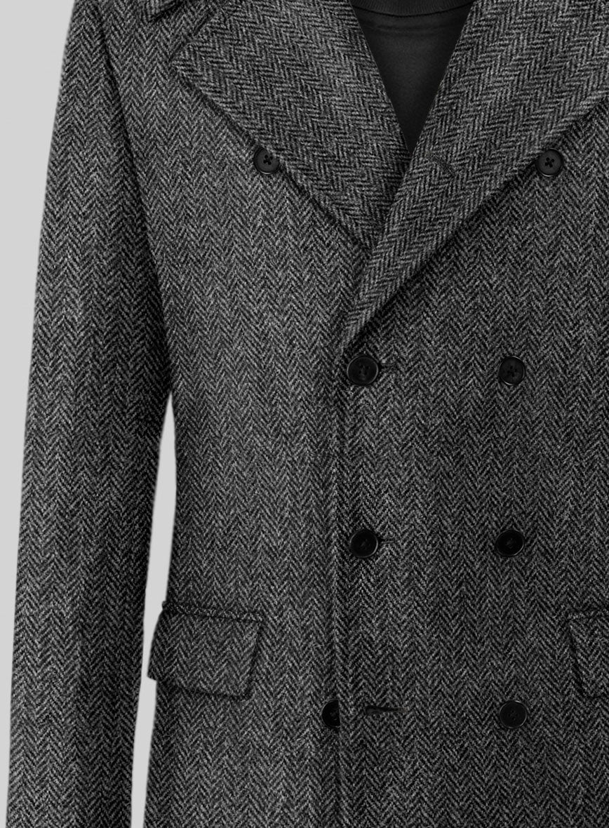 Harris Tweed Dark Gray Herringbone GQ Overcoat - StudioSuits