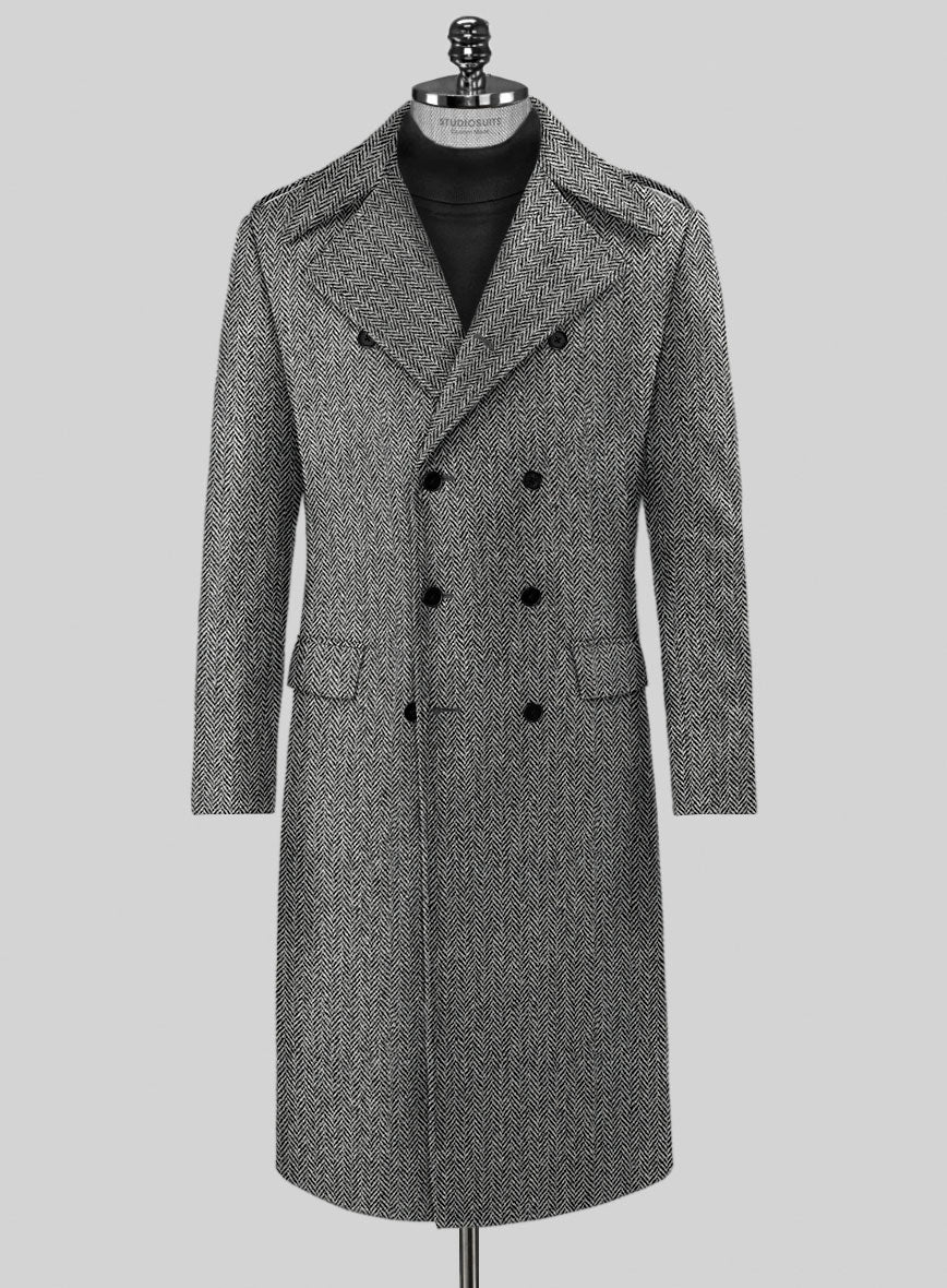 Harris Tweed Gray Herringbone GQ Overcoat - StudioSuits