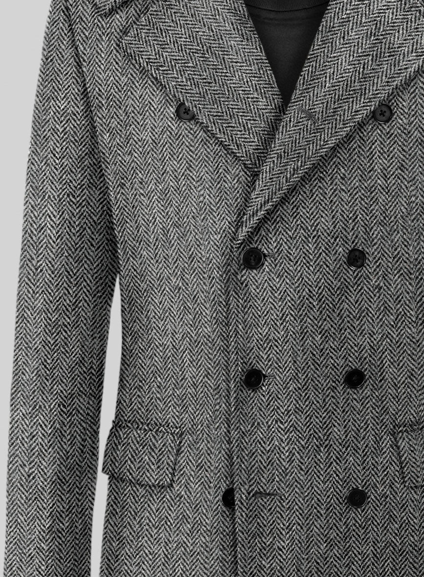 Harris Tweed Gray Herringbone GQ Overcoat - StudioSuits