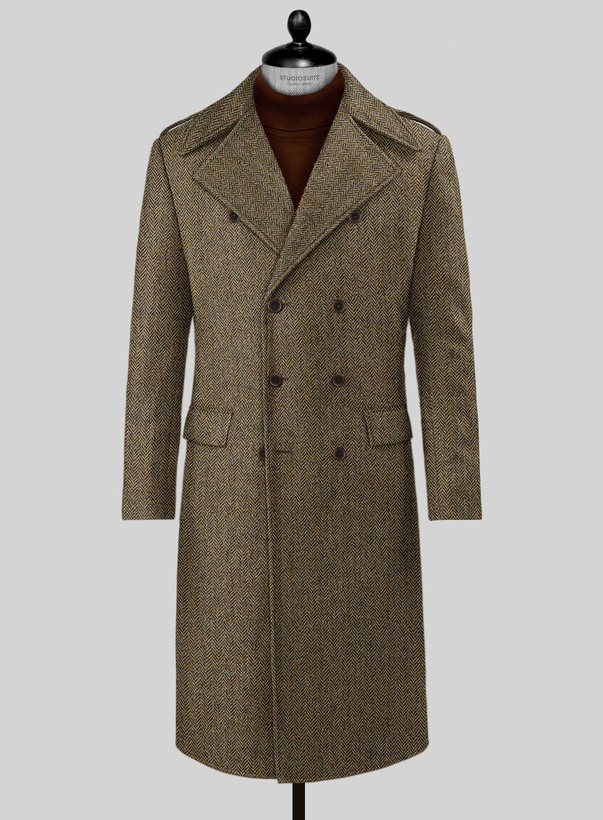 Harris Tweed Hebridean Brown Herringbone GQ Overcoat - StudioSuits