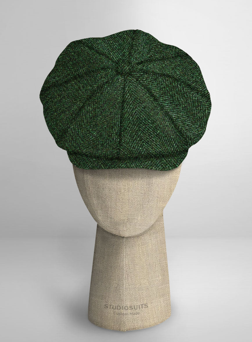 Harris Tweed Wide Herringbone Royal Green Newsboy Cap - StudioSuits