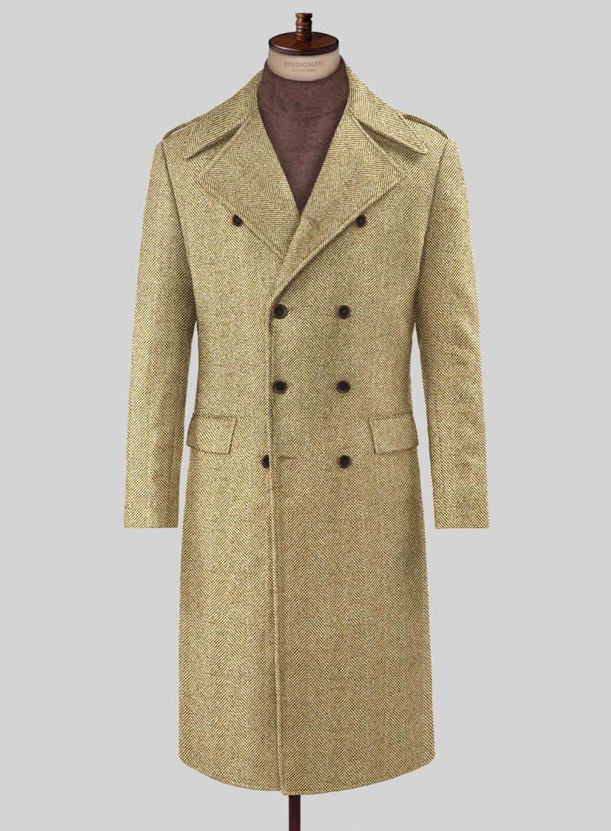 Highlander Heavy Beige Herringbone Tweed GQ Overcoat - StudioSuits