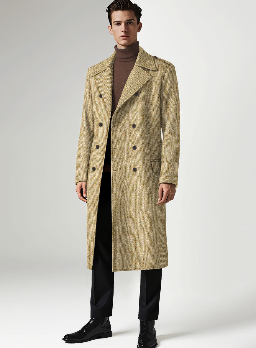 Highlander Heavy Beige Herringbone Tweed GQ Overcoat - StudioSuits