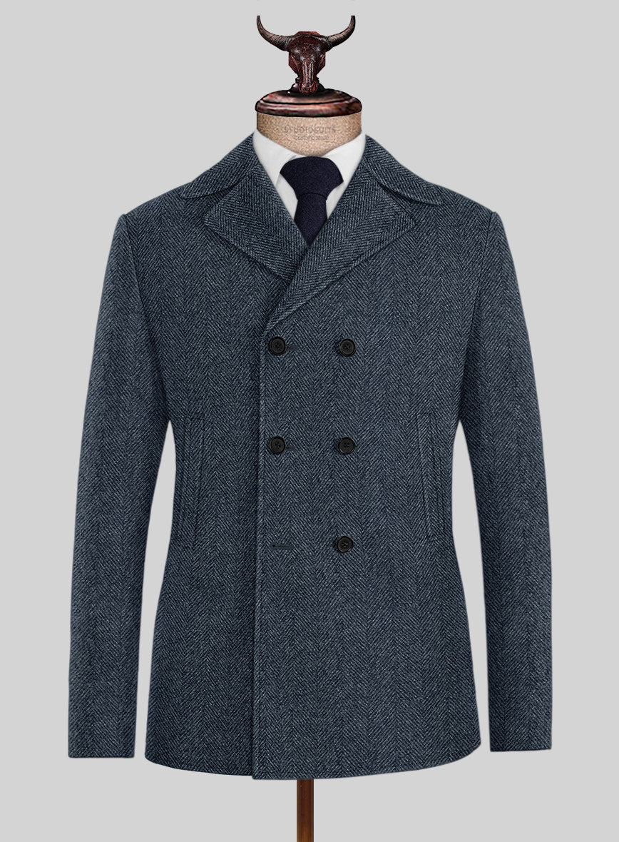 Highlander Heavy Blue Herringbone Tweed Pea Coat - StudioSuits