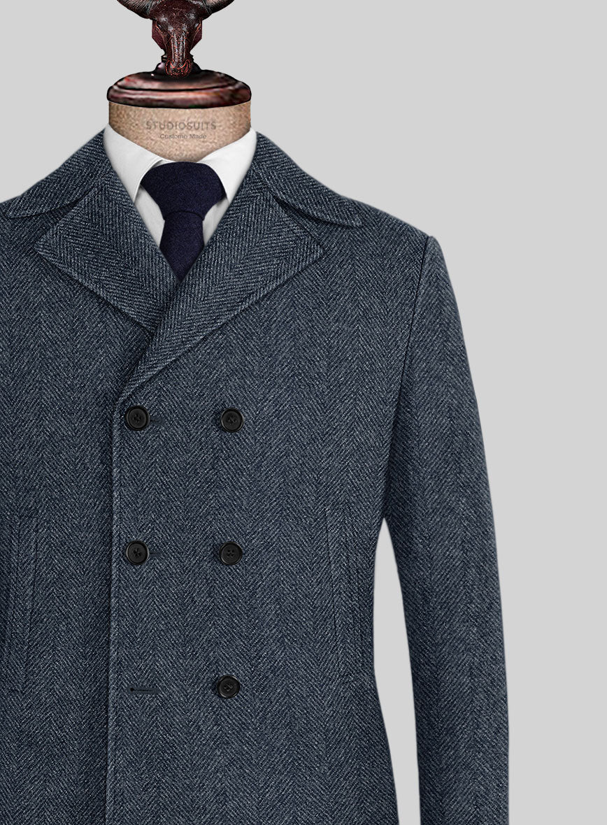 Highlander Heavy Blue Herringbone Tweed Pea Coat - StudioSuits