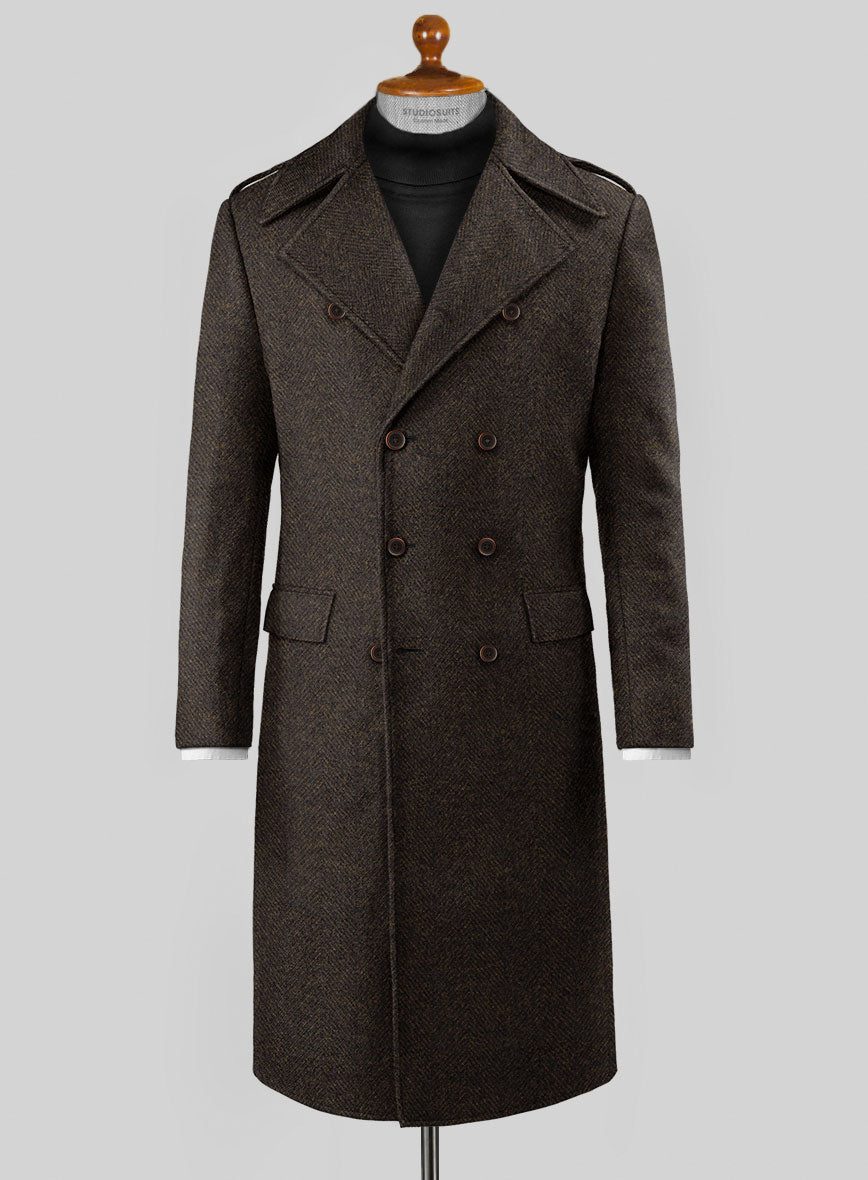 Highlander Heavy Dark Brown Herringbone Tweed GQ Overcoat - StudioSuits