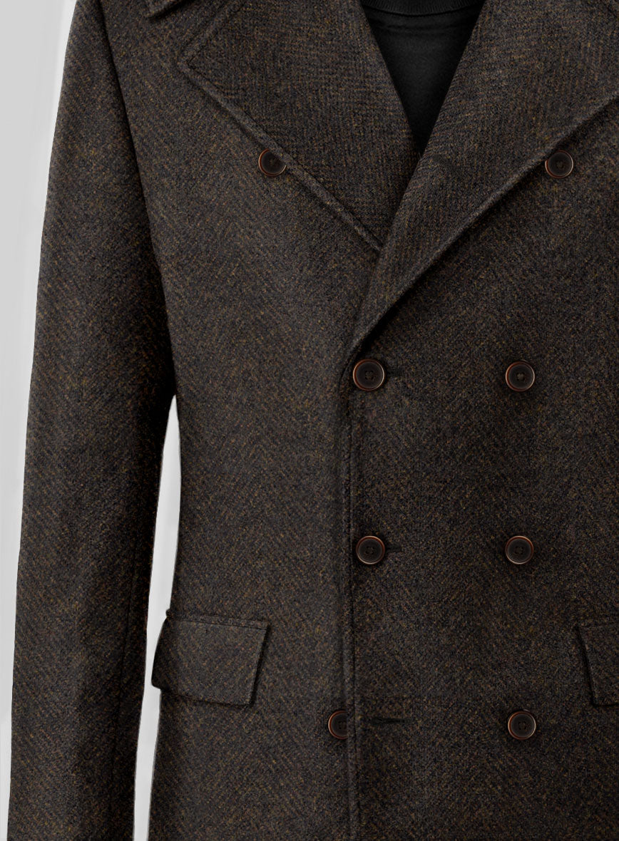 Highlander Heavy Dark Brown Herringbone Tweed GQ Overcoat - StudioSuits