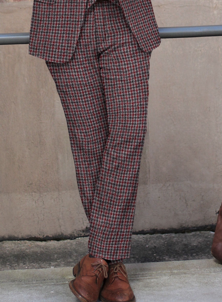 Highlander Heavy Maroon Houndstooth Tweed Pants - StudioSuits