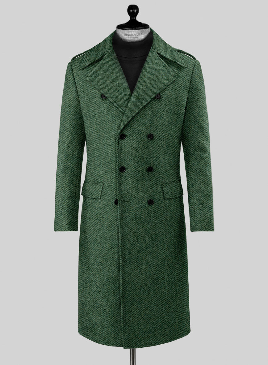 Highlander Heavy Green Herringbone Tweed GQ Overcoat - StudioSuits