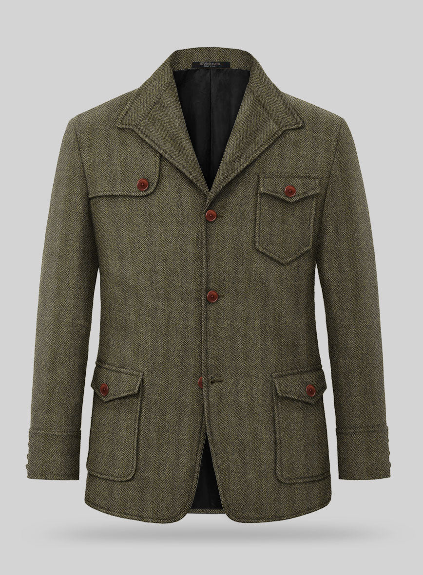 Highlander Olive Herringbone Hunter Style Tweed Jacket - StudioSuits