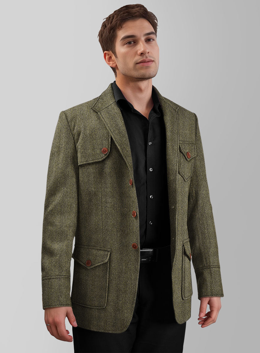 Highlander Olive Herringbone Hunter Style Tweed Jacket - StudioSuits