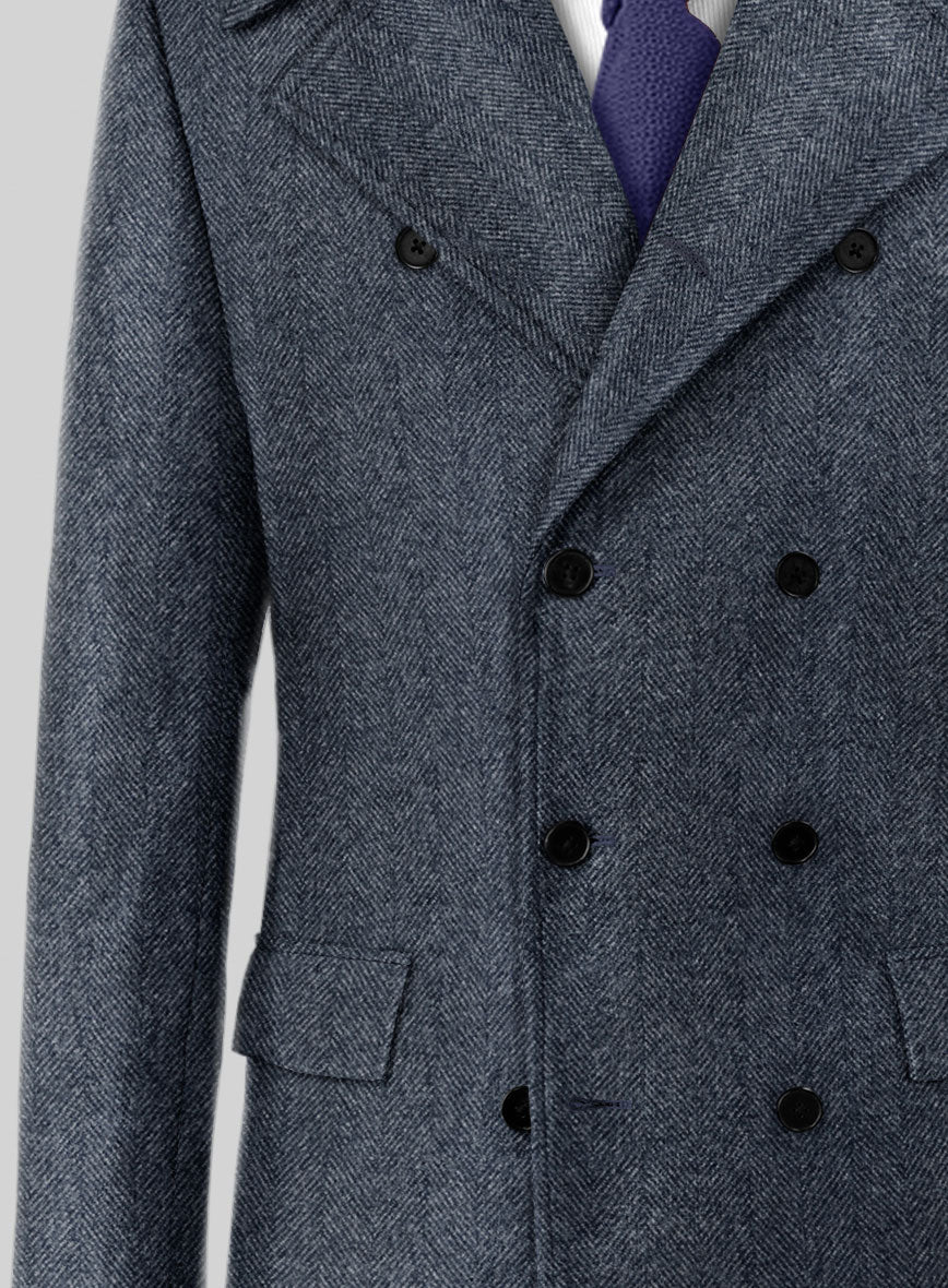 Highlander Heavy Blue Herringbone Tweed GQ Overcoat - StudioSuits