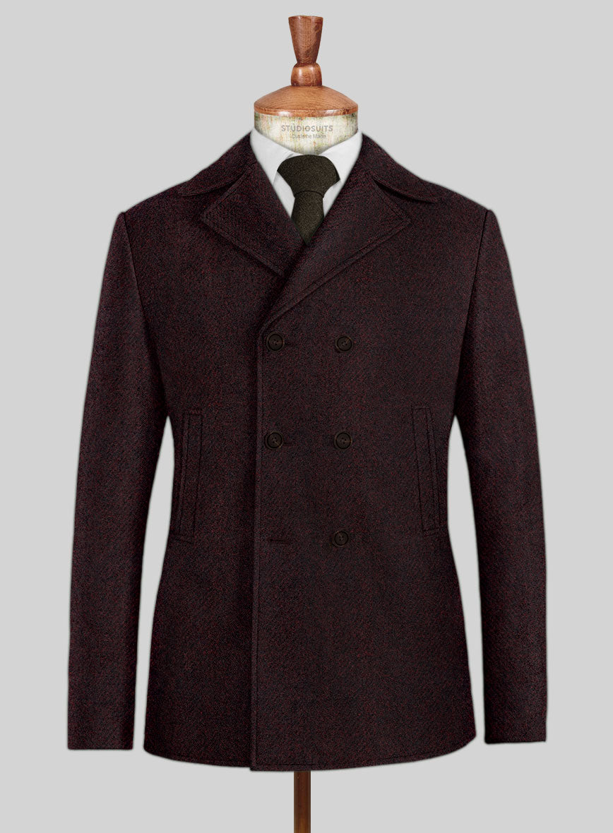 Highlander Heavy Wine Herringbone Tweed Pea Coat - StudioSuits