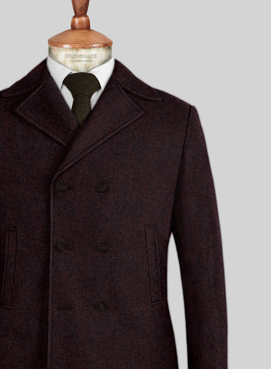 Highlander Heavy Wine Herringbone Tweed Pea Coat - StudioSuits