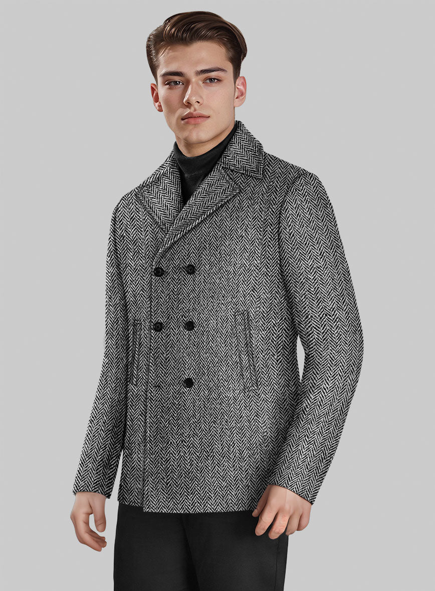 Harris Tweed Gray Herringbone Pea Coat - StudioSuits