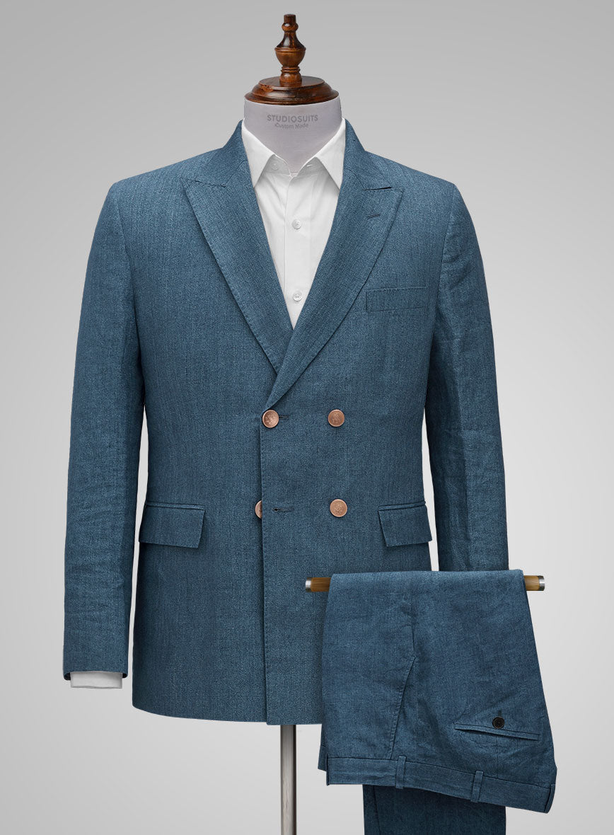 Indigo Blue Linen Suit - Golden Buttons - StudioSuits