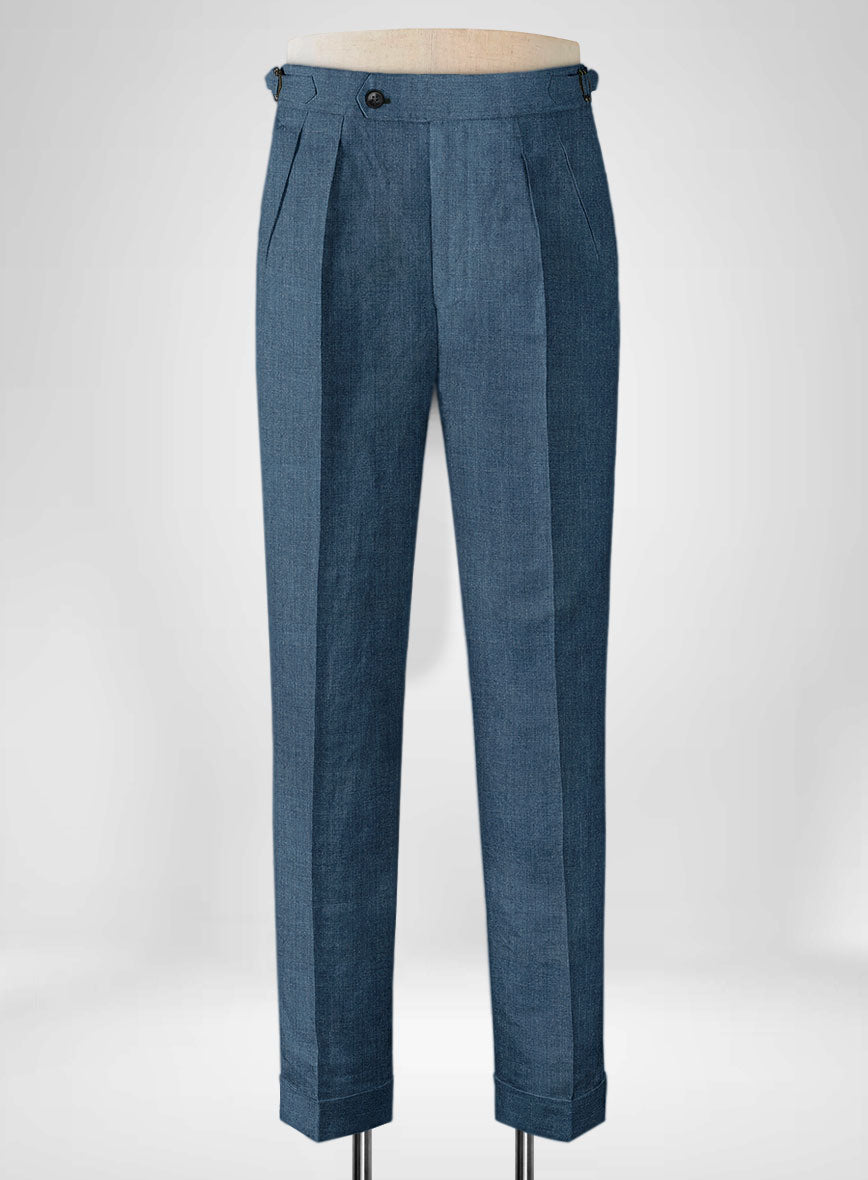 Indigo Blue Pure Linen Highland Trousers - StudioSuits