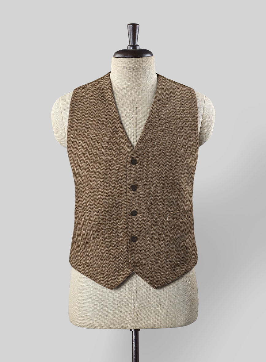 Irish Brown Herringbone Tweed Waist Coat - StudioSuits