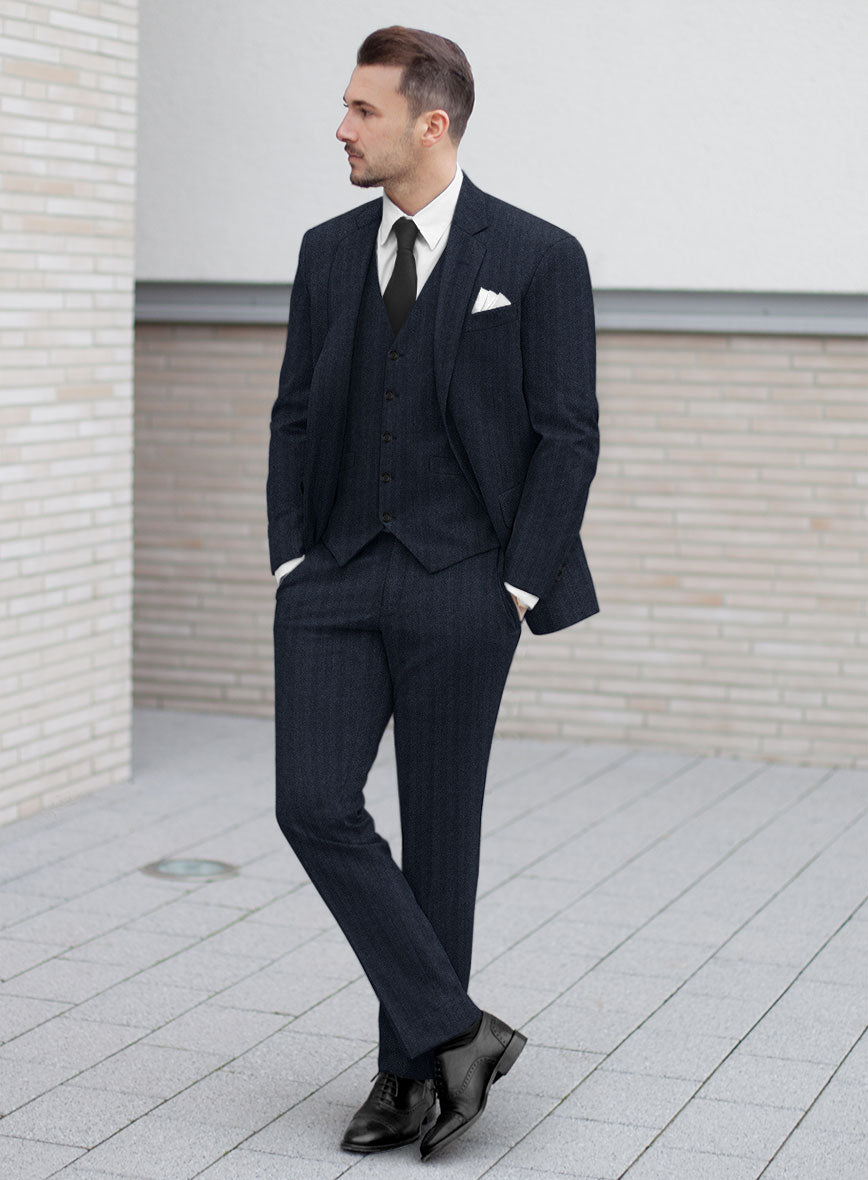 Italian Dark Blue Herringbone Flannel Suit - StudioSuits