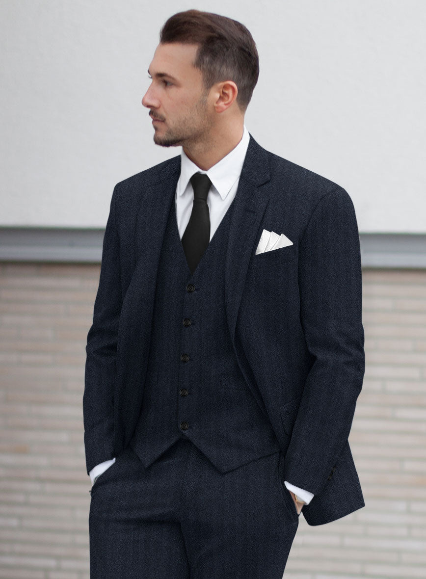 Italian Dark Blue Herringbone Flannel Suit - StudioSuits