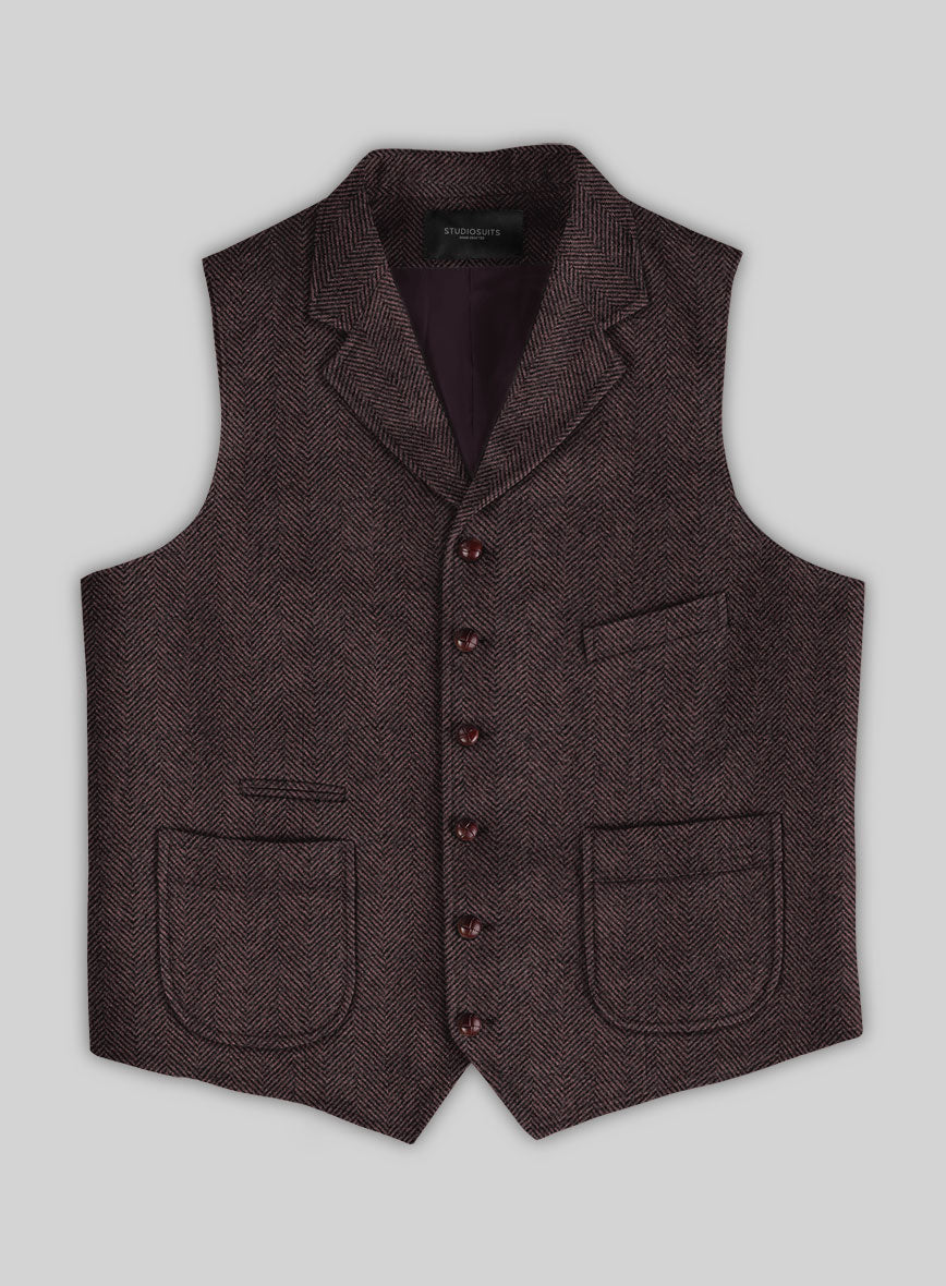 Italian Highlander Dark Wine Herringbone Tweed Hunting Vest - StudioSuits