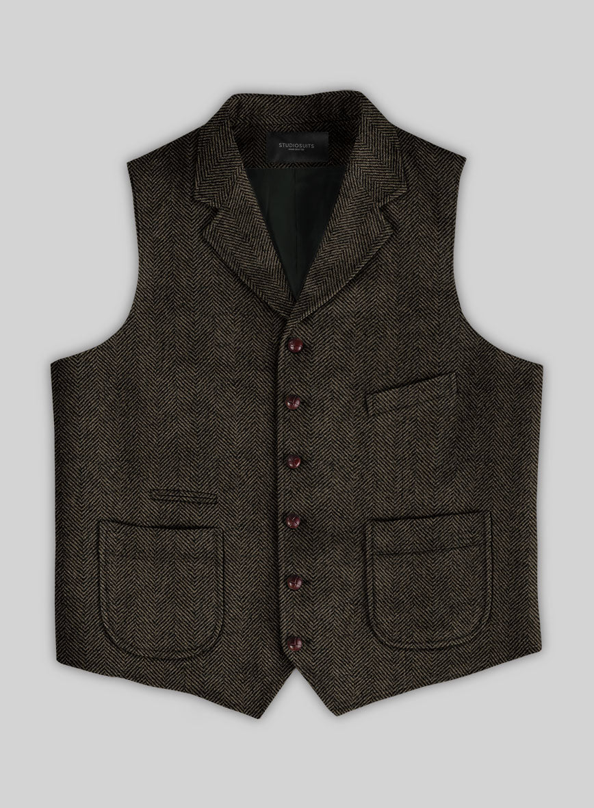 Italian Highlander Army Green Herringbone Tweed Hunting Vest - StudioSuits