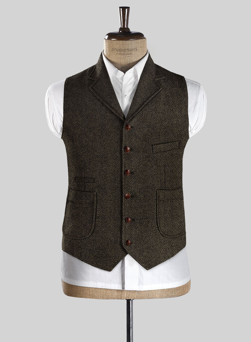 Italian Highlander Army Green Herringbone Tweed Hunting Vest - StudioSuits