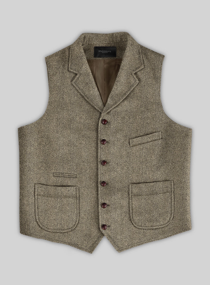 Italian Highlander Stone Beige Herringbone Tweed Hunting Vest - StudioSuits