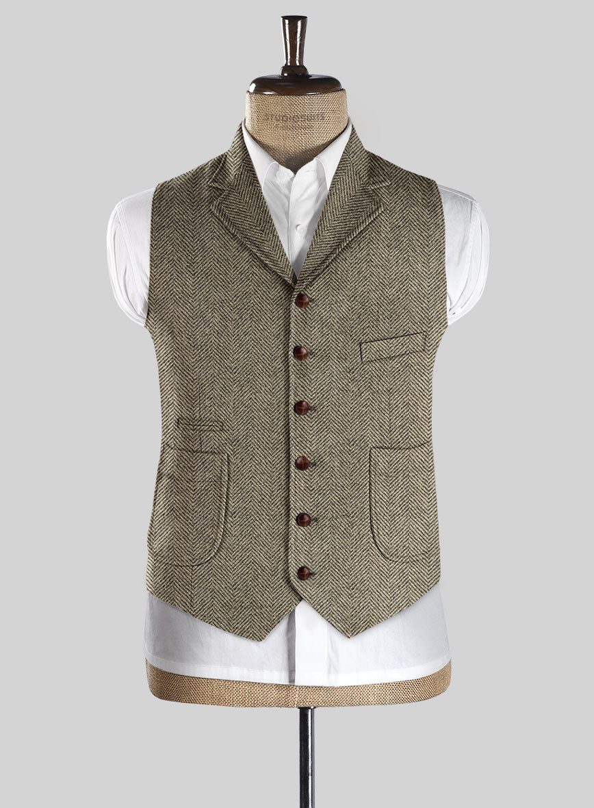 Italian Highlander Stone Beige Herringbone Tweed Hunting Vest - StudioSuits