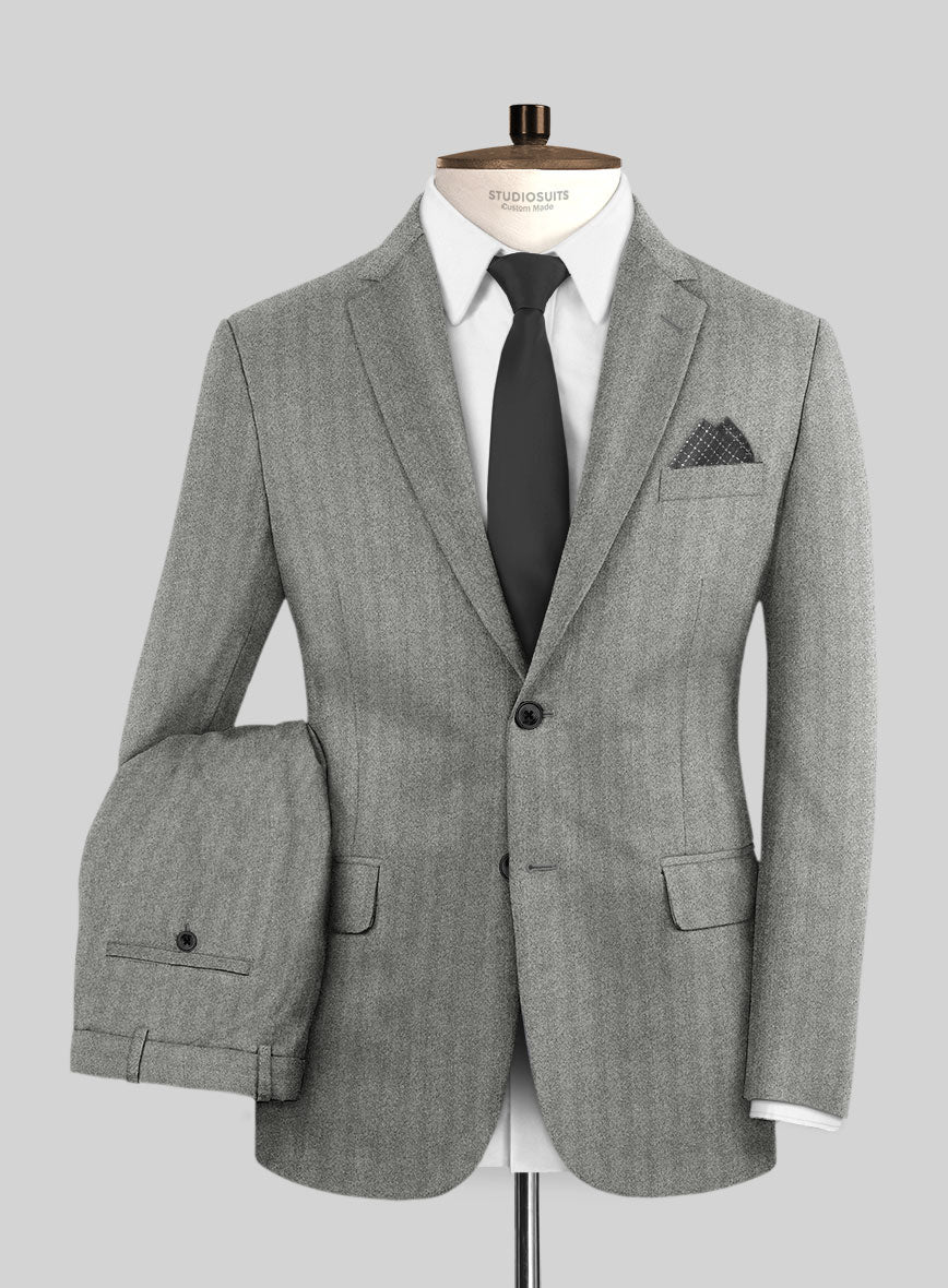 Italian Light Gray Herringbone Flannel Suit - StudioSuits