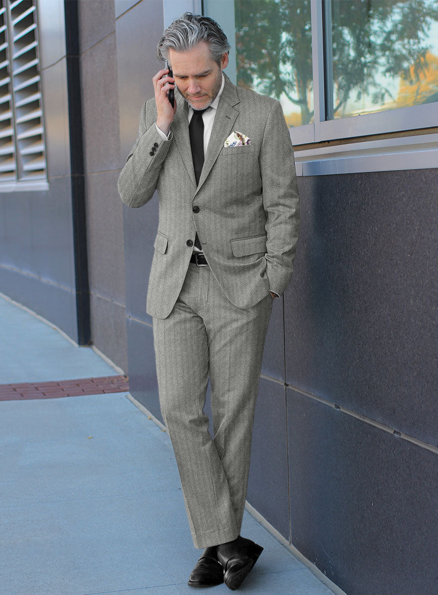 Italian Light Gray Herringbone Flannel Suit - StudioSuits