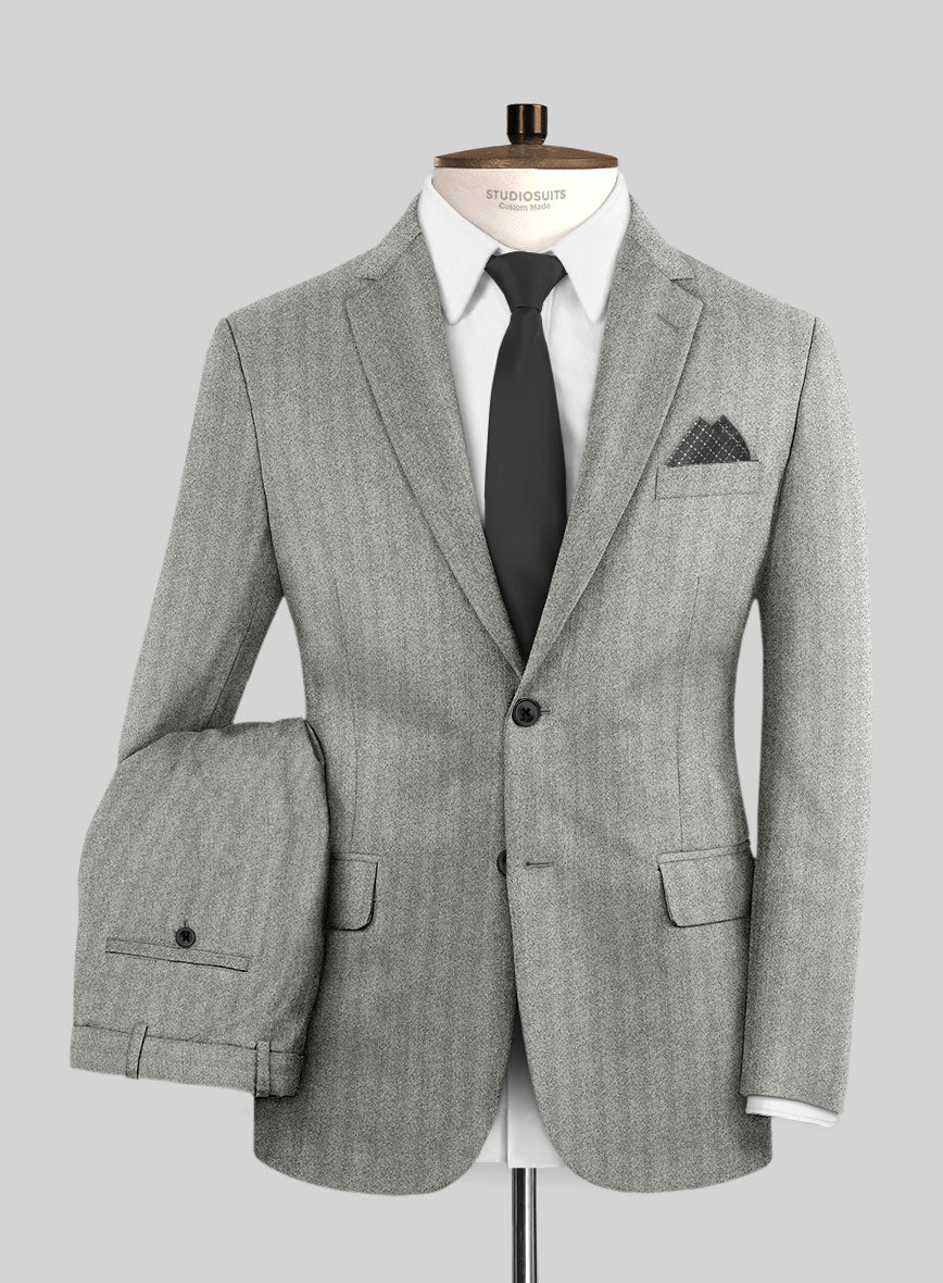 Italian Light Gray Herringbone Flannel Suit - StudioSuits