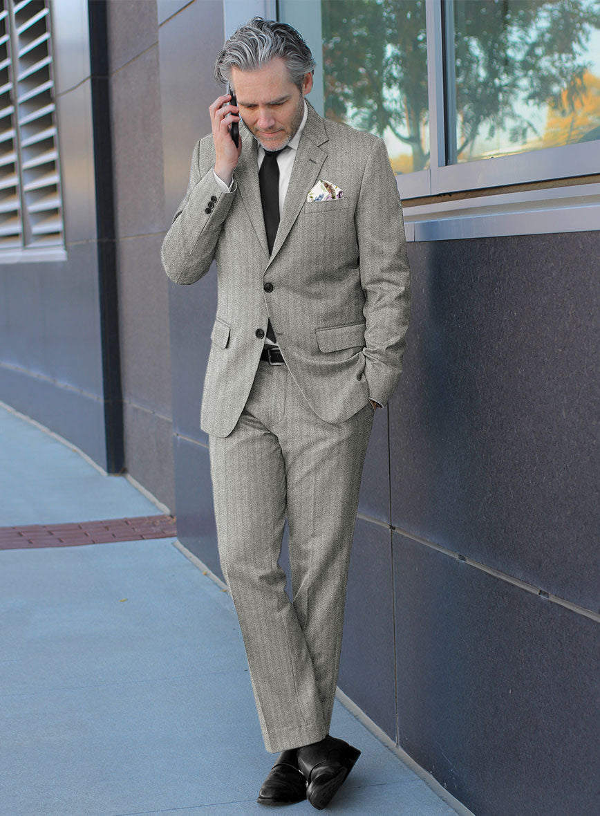 Italian Light Gray Herringbone Flannel Suit - StudioSuits