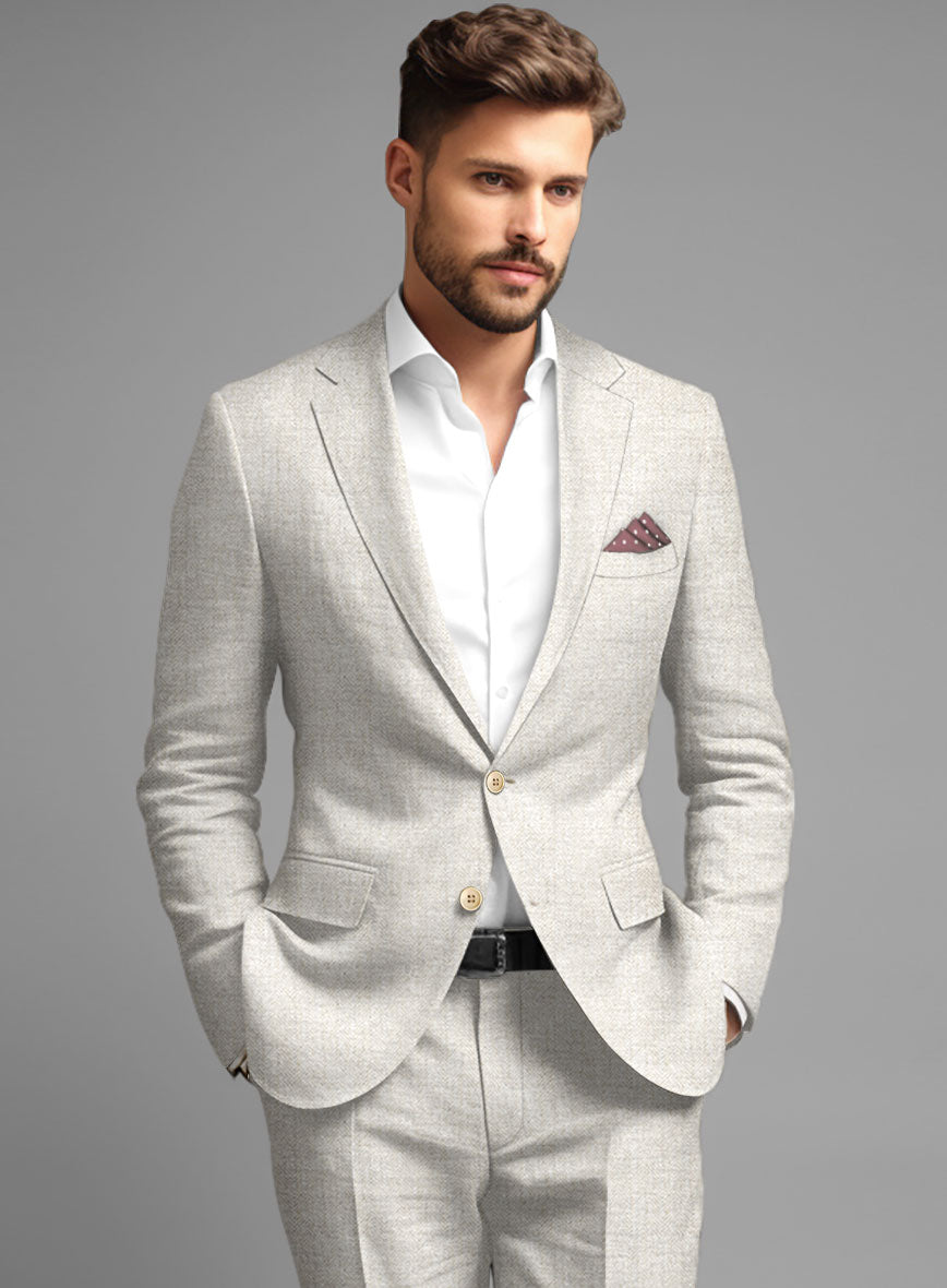 Italian Linen Herringbone Natural Beige Jacket - StudioSuits