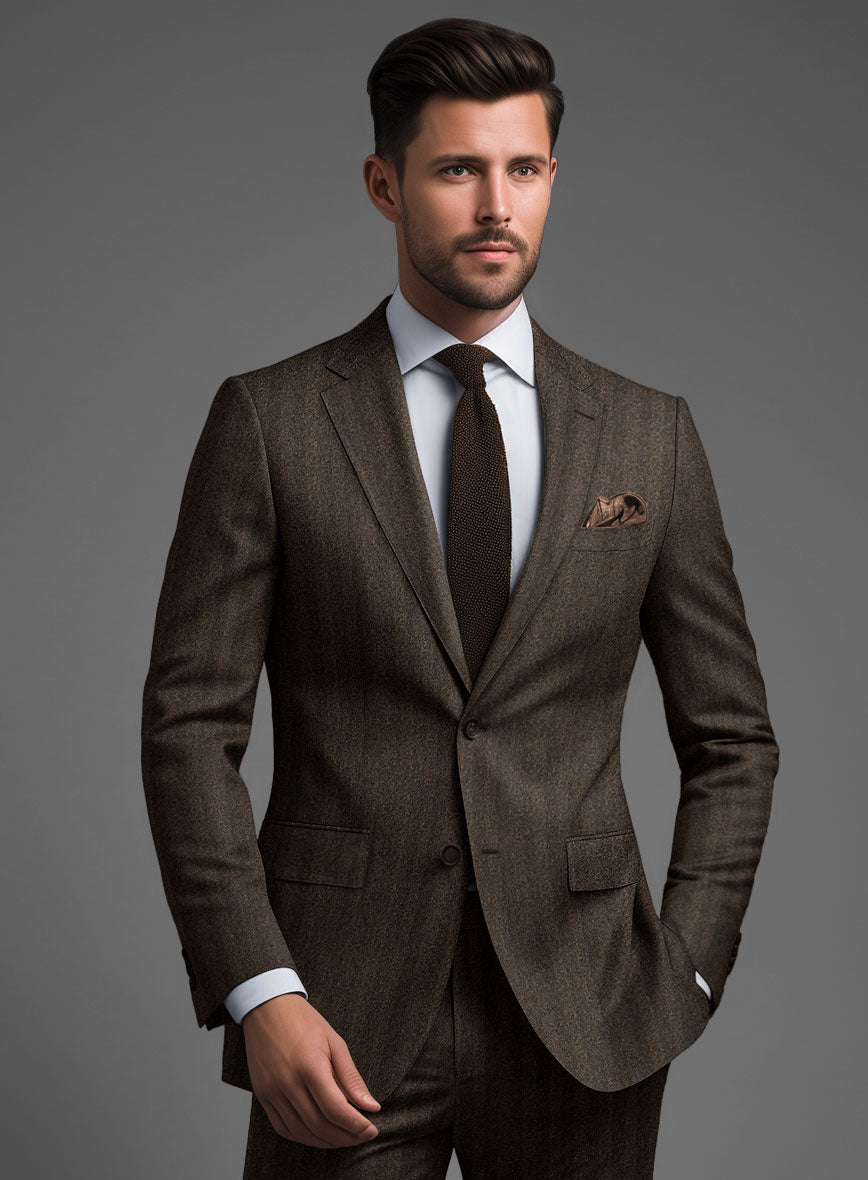 Italian Melange Brown Herringbone Flannel Jacket - StudioSuits