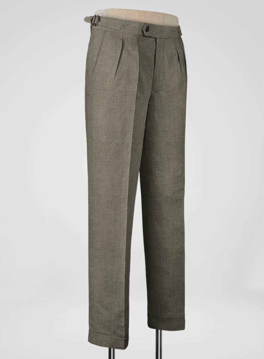 Italian Muted Green Linen Highland Trousers - StudioSuits