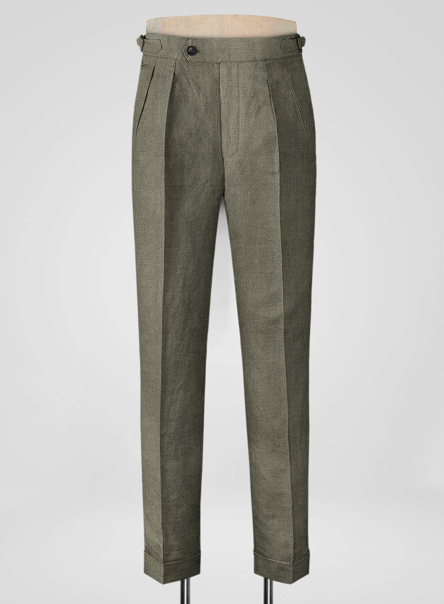 Italian Muted Green Linen Highland Trousers - StudioSuits